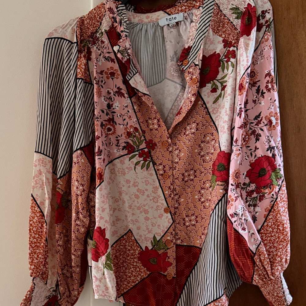 Fate Women's Red and Pink Floral Patchwork Blouse